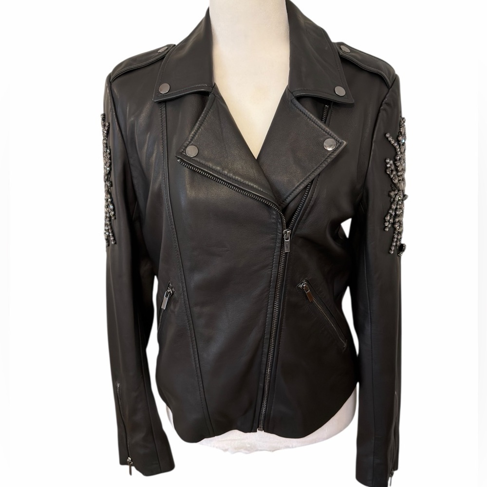 RARE Neiman Marcus Black Leather Jacket Crystal Silver Embellishments Moto - Picture 3 of 11